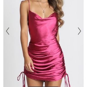 Showpo String Along Dress in Berry Satin